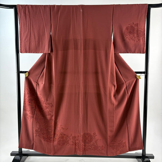 付下 身長156cm 袖長64cm M 雙層 花鳥 華紋 刺繡 深紅 純蠶絲 秀品級 一つ紋