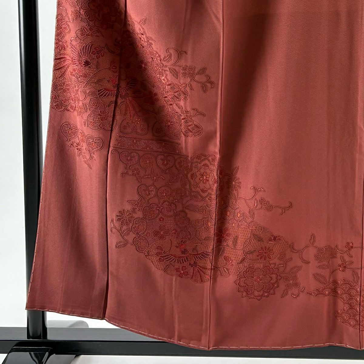 付下 身長156cm 袖長64cm M 雙層 花鳥 華紋 刺繡 深紅 純蠶絲 秀品級 一つ紋