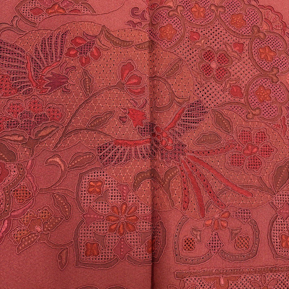 付下 身長156cm 袖長64cm M 雙層 花鳥 華紋 刺繡 深紅 純蠶絲 秀品級 一つ紋