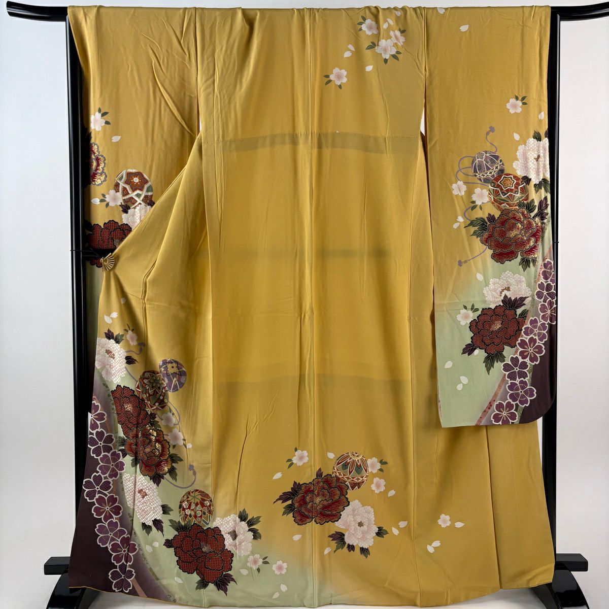 振袖禮服 身長168cm 袖長67.5cm L 雙層 牡丹 手鞠 金銀彩 金金箔 芥末黃 純蠶絲 秀品級