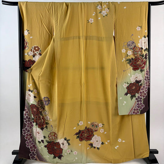振袖禮服 身長168cm 袖長67.5cm L 雙層 牡丹 手鞠 金銀彩 金金箔 芥末黃 純蠶絲 秀品級