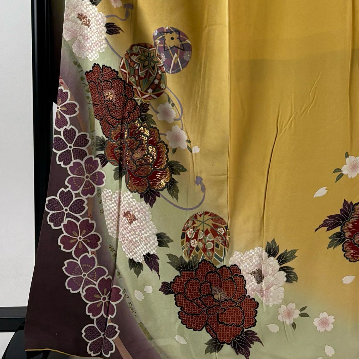 振袖禮服 身長168cm 袖長67.5cm L 雙層 牡丹 手鞠 金銀彩 金金箔 芥末黃 純蠶絲 秀品級