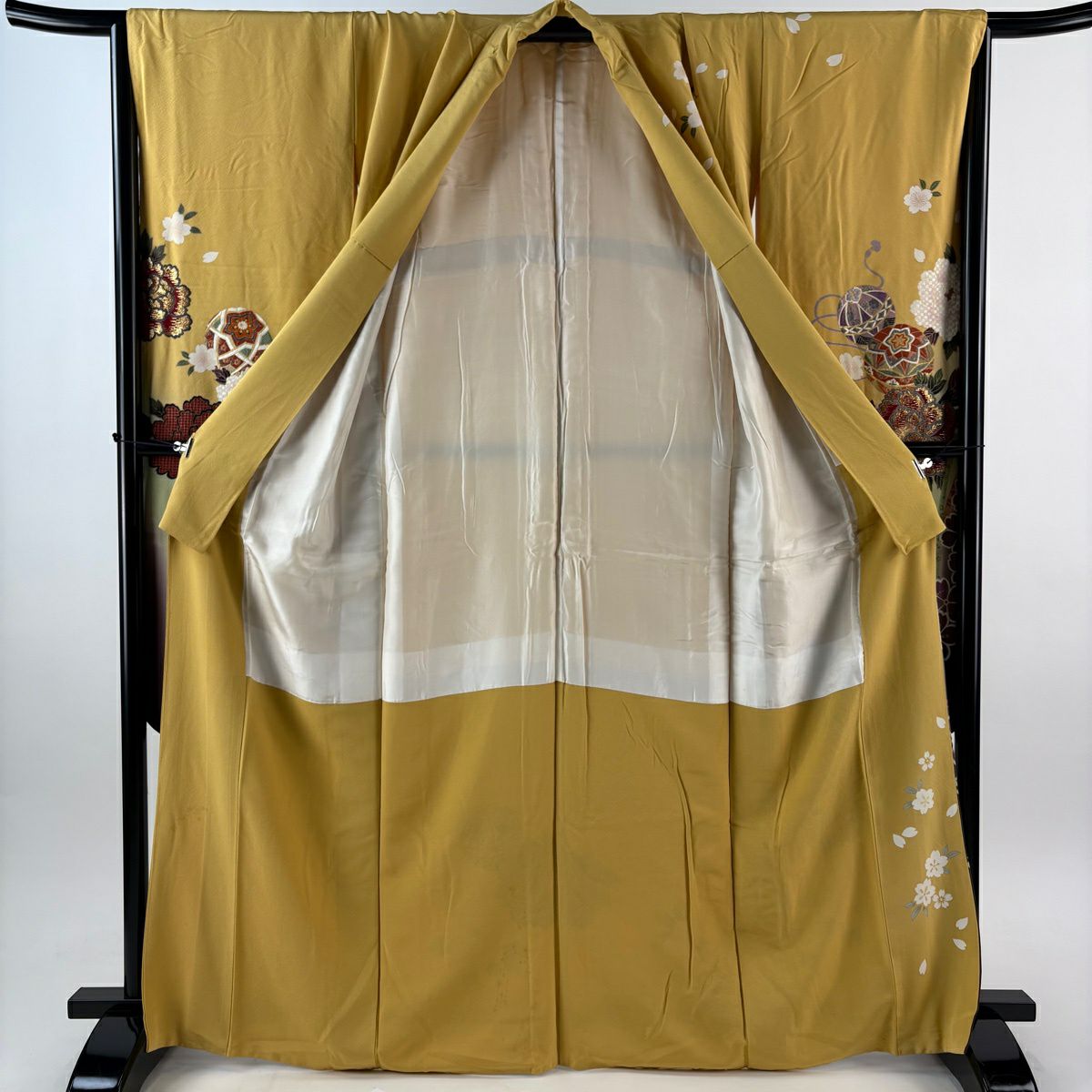 振袖禮服 身長168cm 袖長67.5cm L 雙層 牡丹 手鞠 金銀彩 金金箔 芥末黃 純蠶絲 秀品級