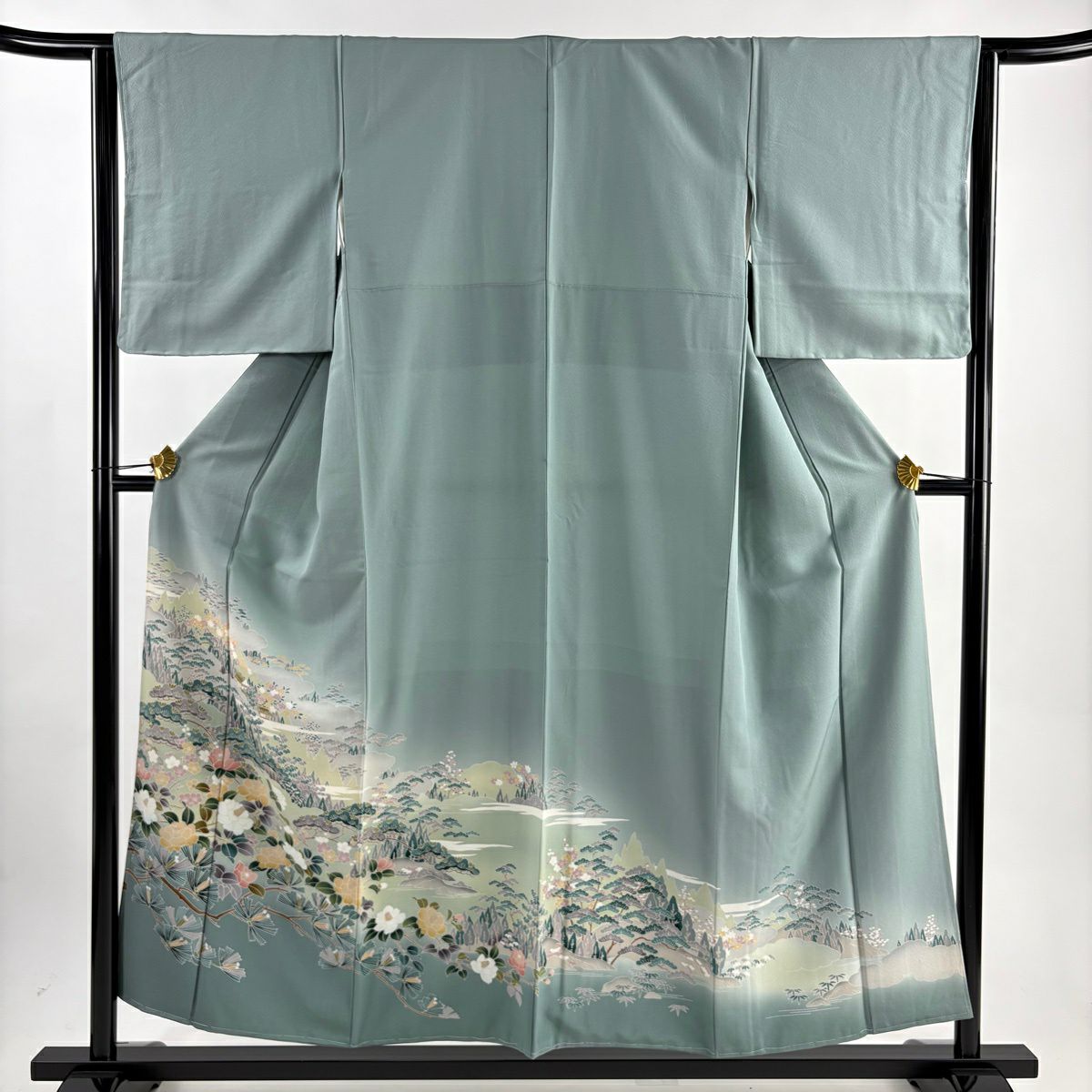 色留袖禮服 身長155cm 袖長63cm S 雙層 風景 椿 漸層 灰綠 純蠶絲 優品級