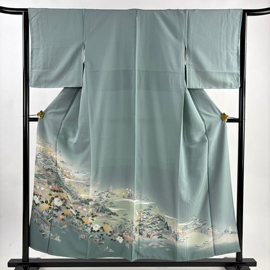 色留袖禮服 身長155cm 袖長63cm S 雙層 風景 椿 漸層 灰綠 純蠶絲 優品級