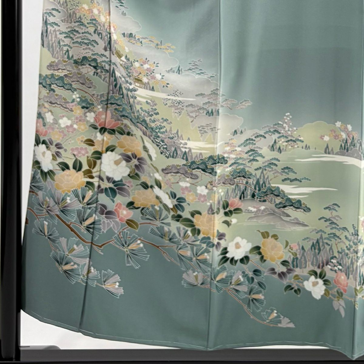 色留袖禮服 身長155cm 袖長63cm S 雙層 風景 椿 漸層 灰綠 純蠶絲 優品級