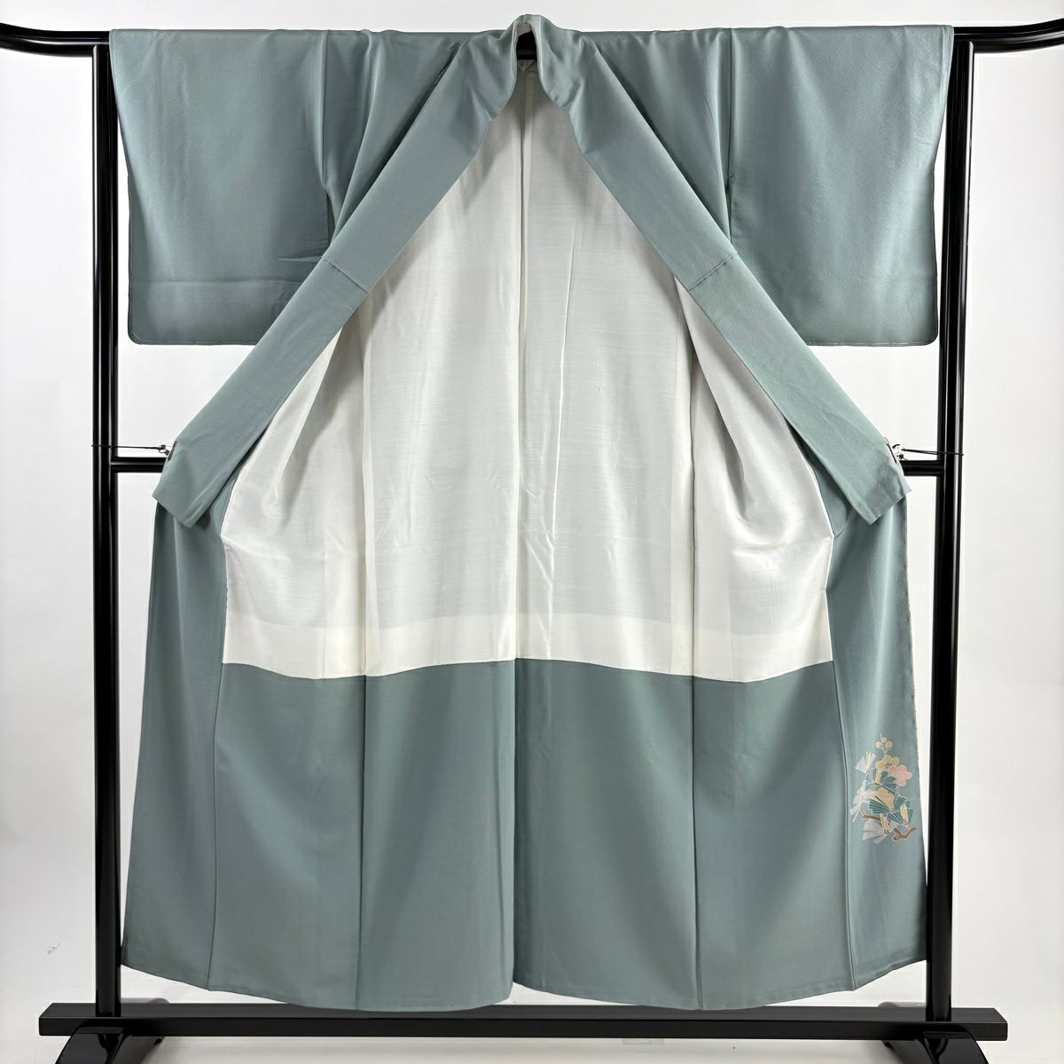 色留袖禮服 身長155cm 袖長63cm S 雙層 風景 椿 漸層 灰綠 純蠶絲 優品級