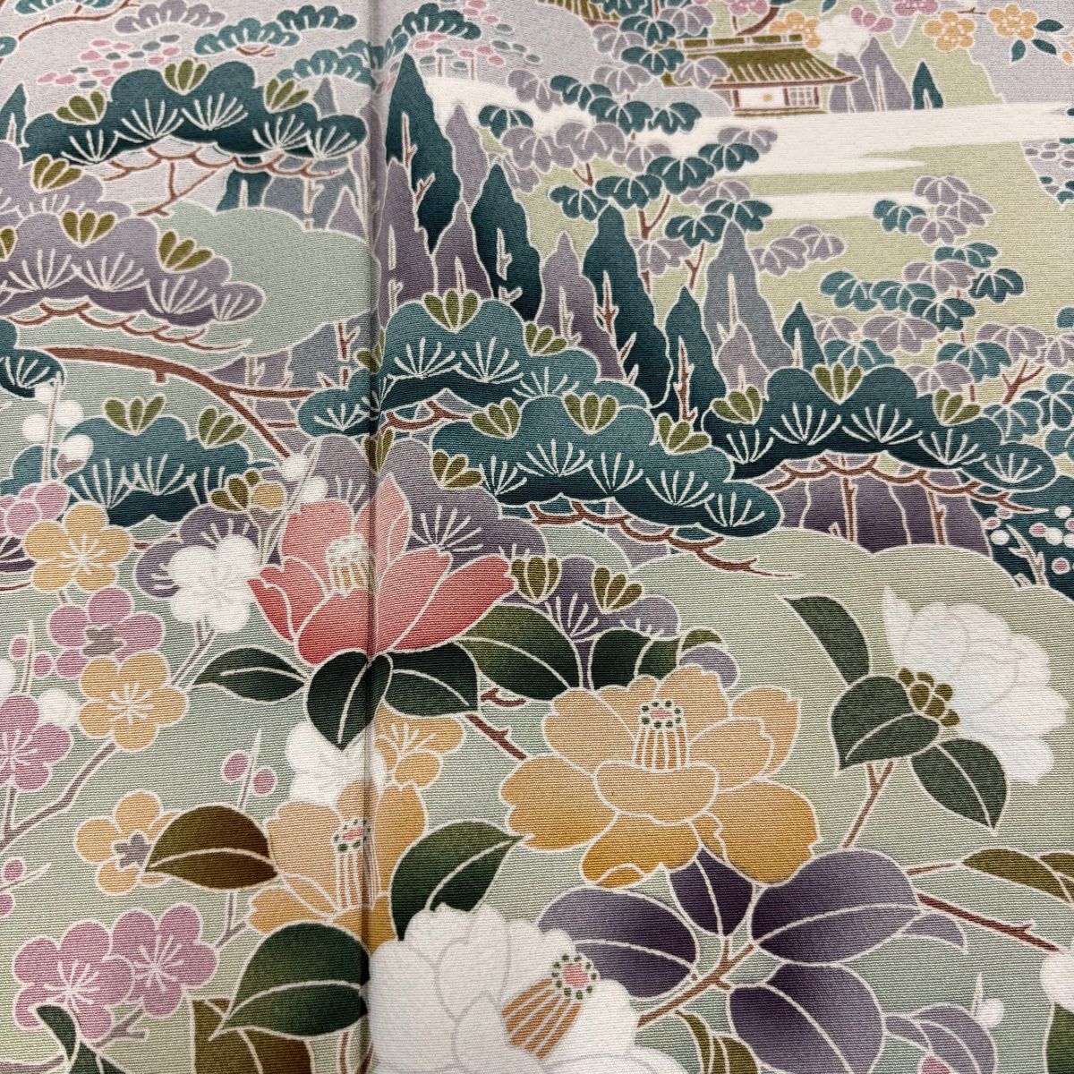 色留袖禮服 身長155cm 袖長63cm S 雙層 風景 椿 漸層 灰綠 純蠶絲 優品級