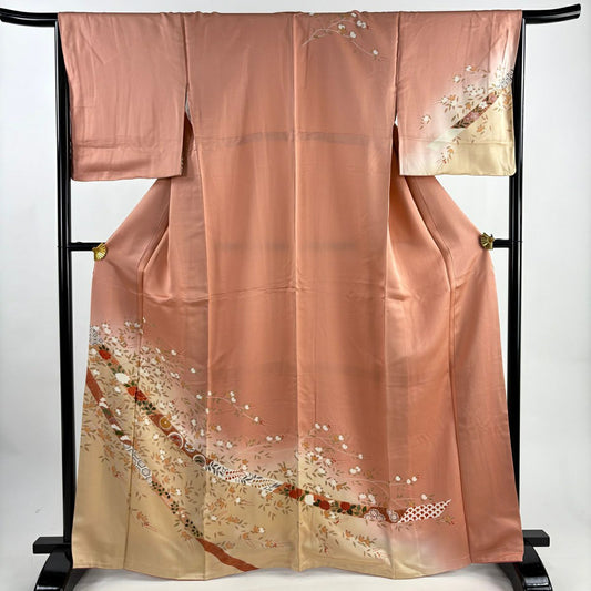 【美品】訪問服 身長167.5cm 袖長66cm M 雙層 草花紋紋 橘色 金絲 金銀彩 鮭粉色 純蠶絲 秀品級