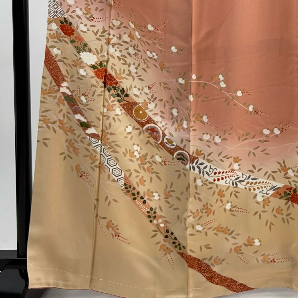 【美品】訪問服 身長167.5cm 袖長66cm M 雙層 草花紋紋 橘色 金絲 金銀彩 鮭粉色 純蠶絲 秀品級