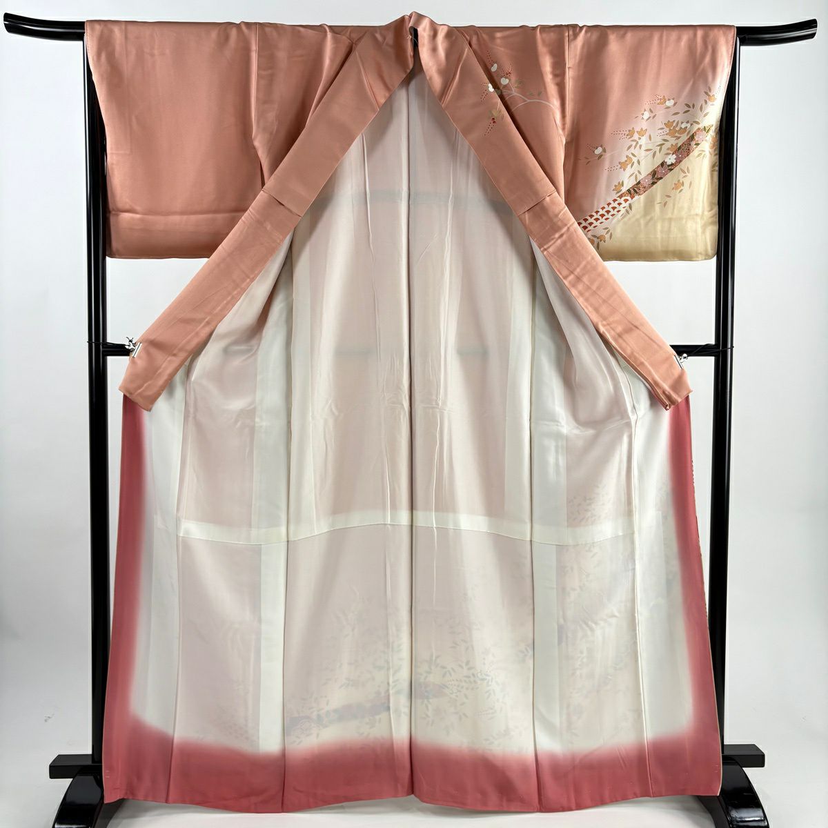 【美品】訪問服 身長167.5cm 袖長66cm M 雙層 草花紋紋 橘色 金絲 金銀彩 鮭粉色 純蠶絲 秀品級