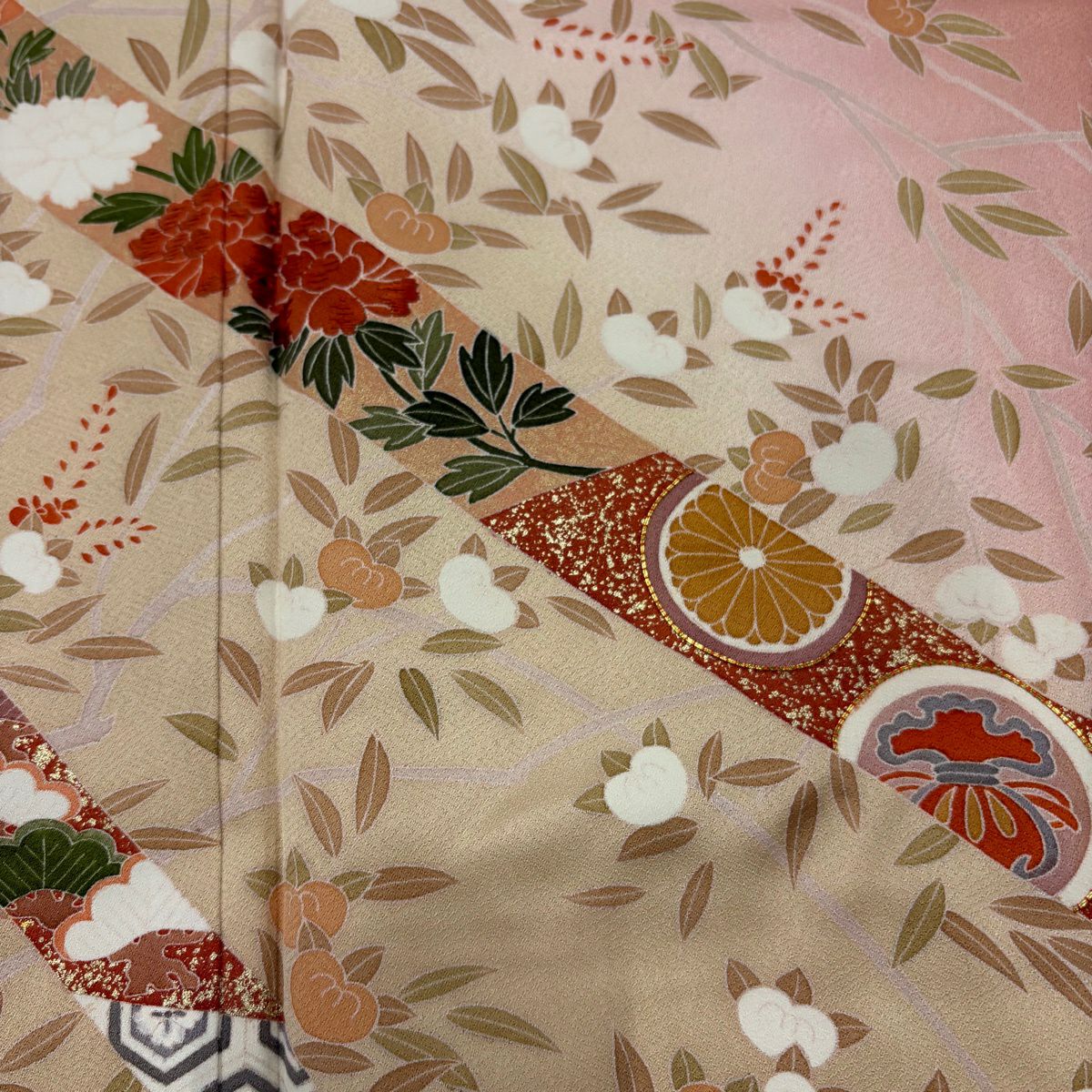 【美品】訪問服 身長167.5cm 袖長66cm M 雙層 草花紋紋 橘色 金絲 金銀彩 鮭粉色 純蠶絲 秀品級