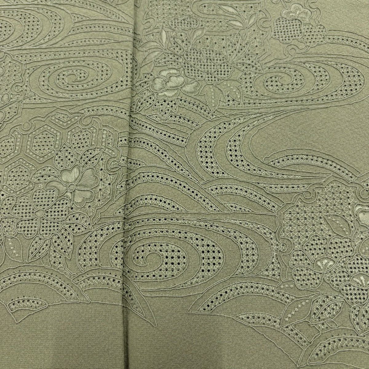 【美品】 付下 身長157cm 袖長62cm S 雙層 雪輪 草花紋刺繡 淺綠 純蠶絲 秀品級 一つ紋