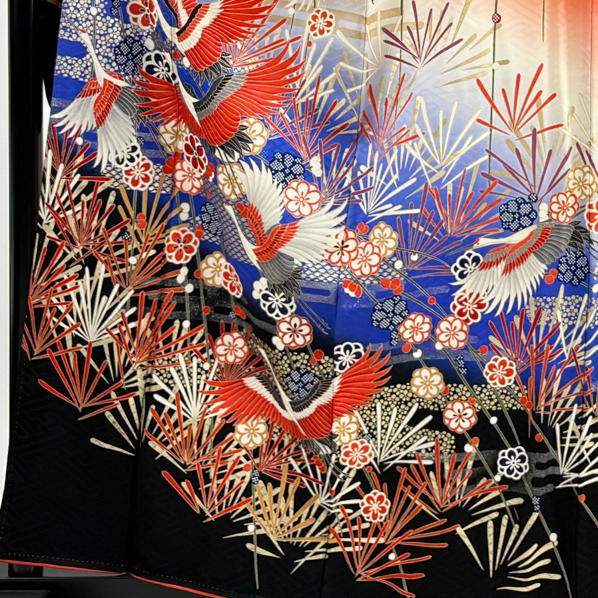 振袖禮服 身長160.5cm 袖長64.5cm M 雙層 仙鶴 松樹梅花 金銀彩 染分 朱 純蠶絲 秀品級