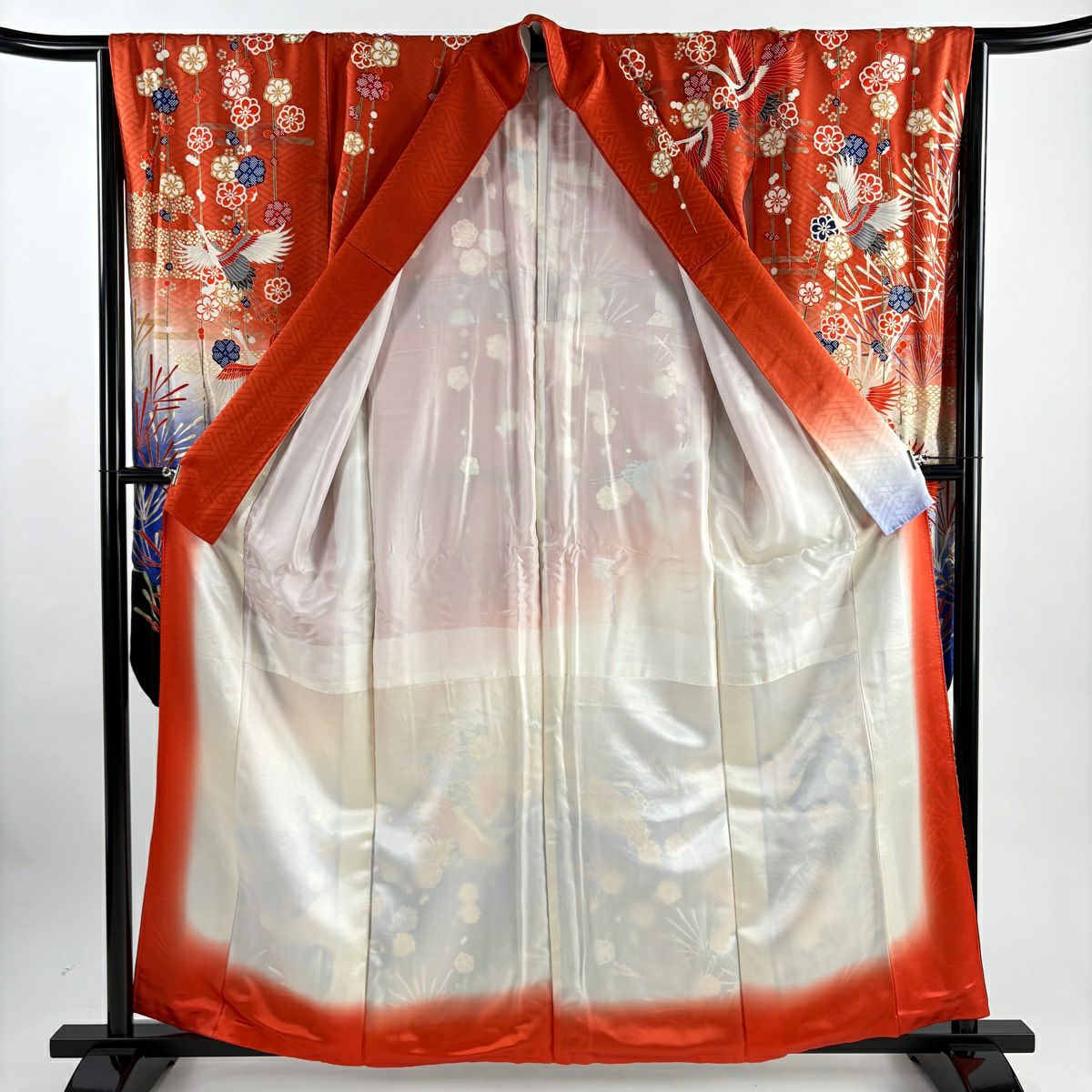 振袖禮服 身長160.5cm 袖長64.5cm M 雙層 仙鶴 松樹梅花 金銀彩 染分 朱 純蠶絲 秀品級