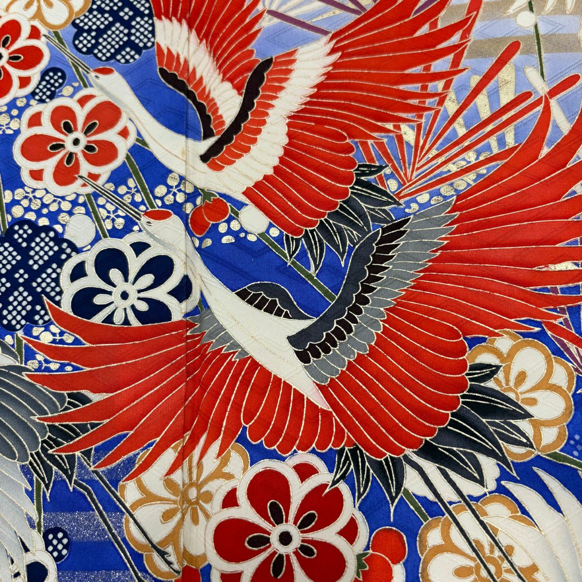 振袖禮服 身長160.5cm 袖長64.5cm M 雙層 仙鶴 松樹梅花 金銀彩 染分 朱 純蠶絲 秀品級