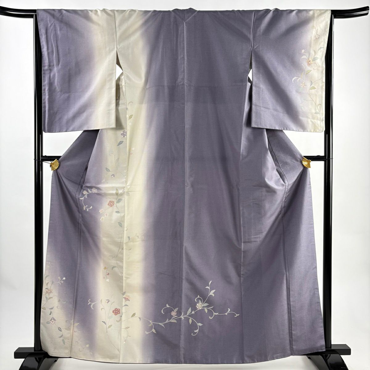 【美品】 付下 身長163cm 袖長65.5cm M 雙層 紬織織 花唐草紋 金銀彩 紫 純蠶絲 秀品級