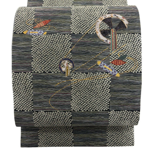 【美品】 袋帶 名品級 大和 紡車 市松樹 金銀彩 青灰 純蠶絲
