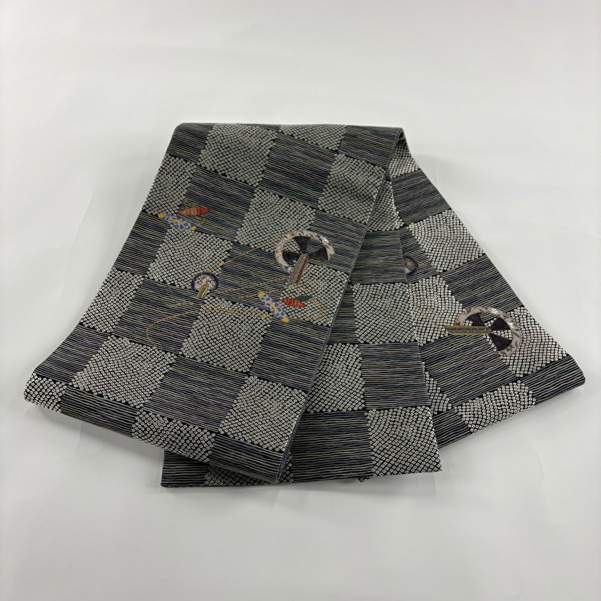【美品】 袋帶 名品級 大和 紡車 市松樹 金銀彩 青灰 純蠶絲