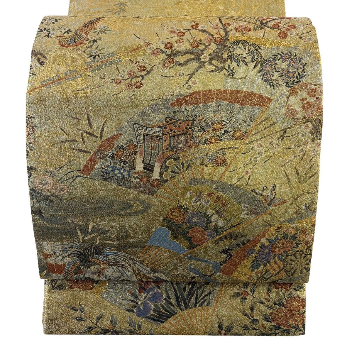 【美品】 袋帶 名品級 桃山扇子面屏風紋 御所車 金絲 本金金箔 金色 大鼓圖案 純蠶絲