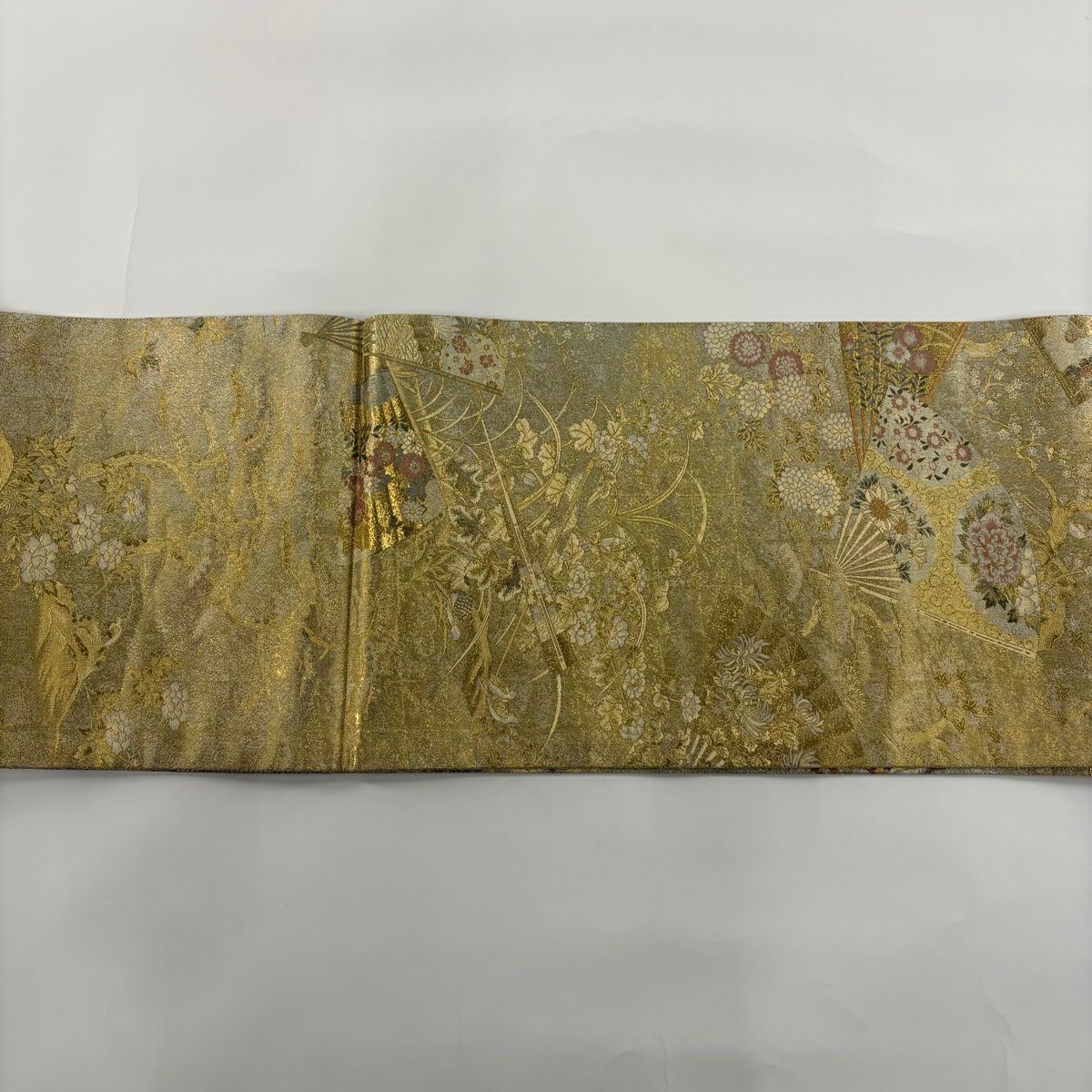 【美品】 袋帶 名品級 桃山扇子面屏風紋 御所車 金絲 本金金箔 金色 大鼓圖案 純蠶絲