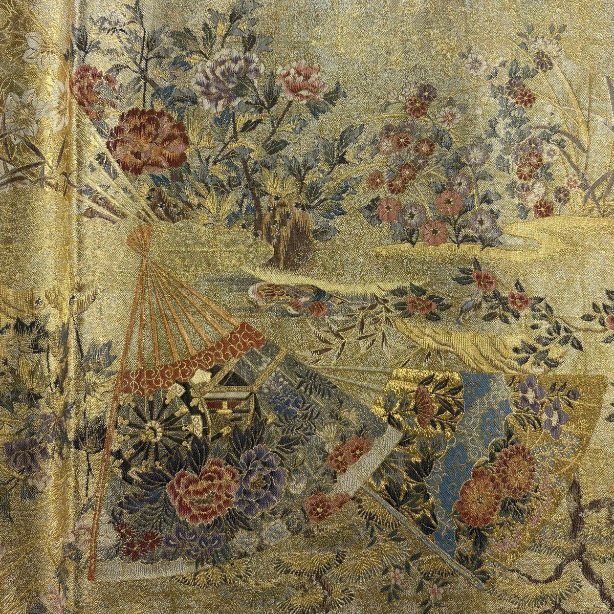 【美品】 袋帶 名品級 桃山扇子面屏風紋 御所車 金絲 本金金箔 金色 大鼓圖案 純蠶絲