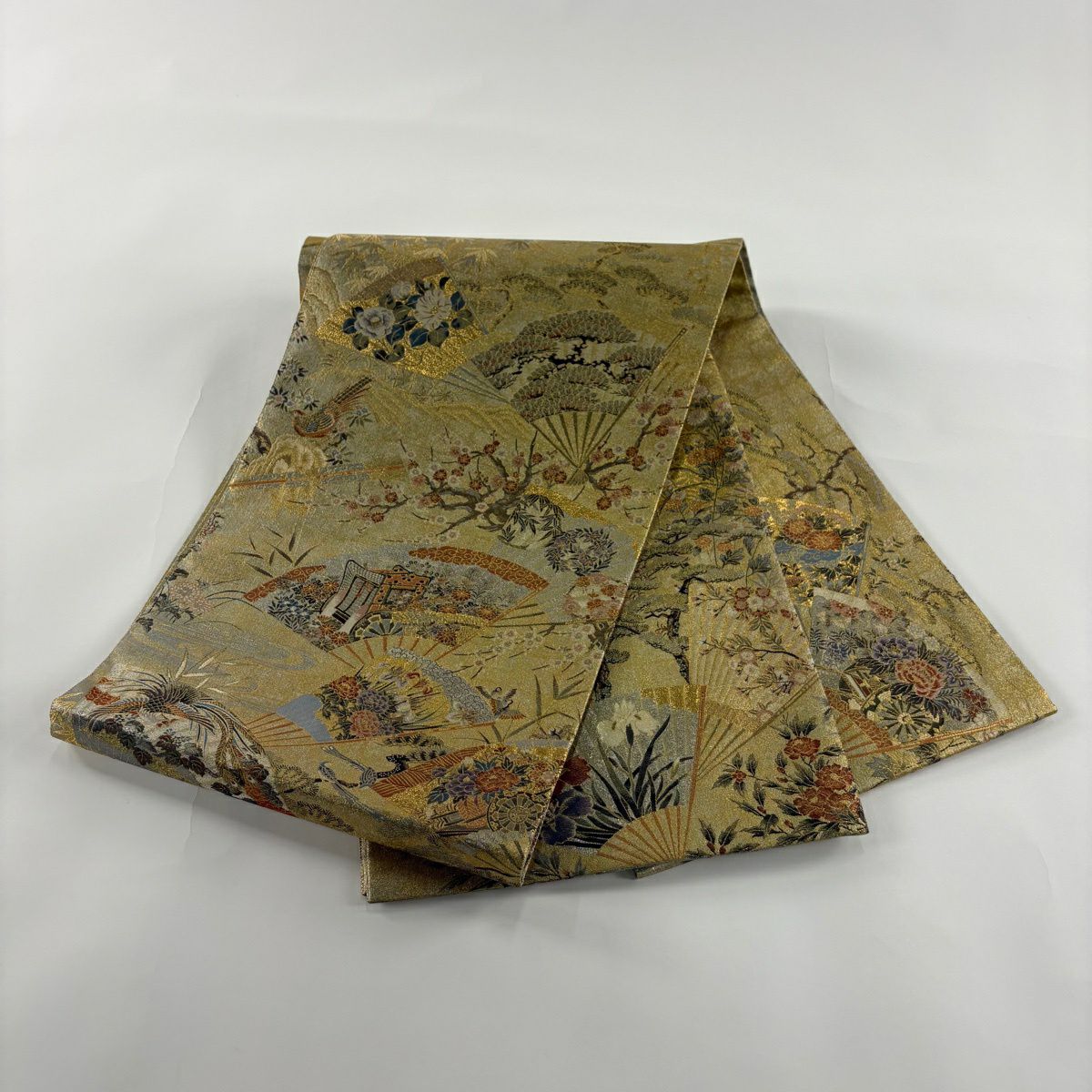 【美品】 袋帶 名品級 桃山扇子面屏風紋 御所車 金絲 本金金箔 金色 大鼓圖案 純蠶絲