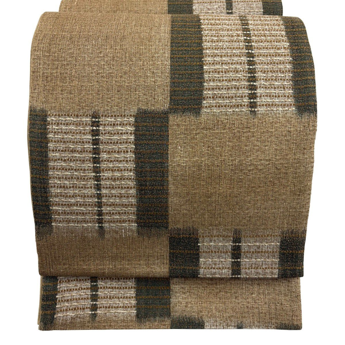 【美品】 袋帶 名品級 縞 變市松樹 淺茶 六通 純蠶絲