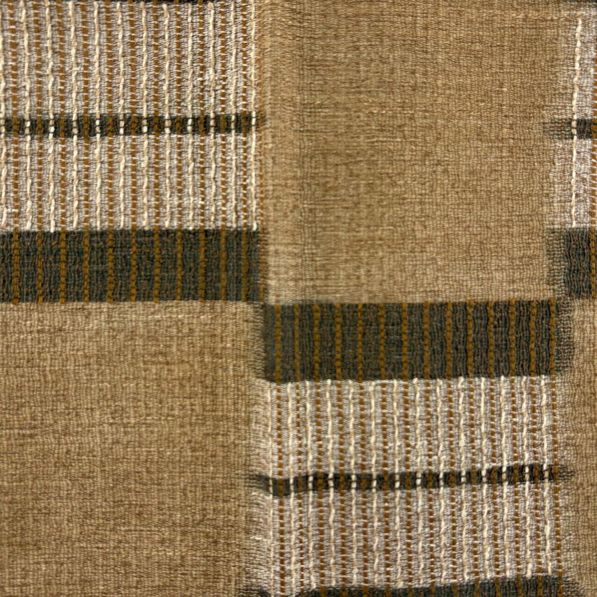 【美品】 袋帶 名品級 縞 變市松樹 淺茶 六通 純蠶絲