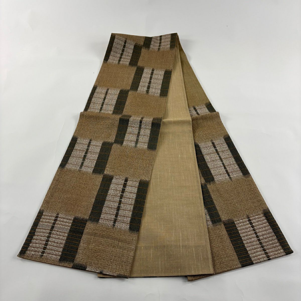 【美品】 袋帶 名品級 縞 變市松樹 淺茶 六通 純蠶絲