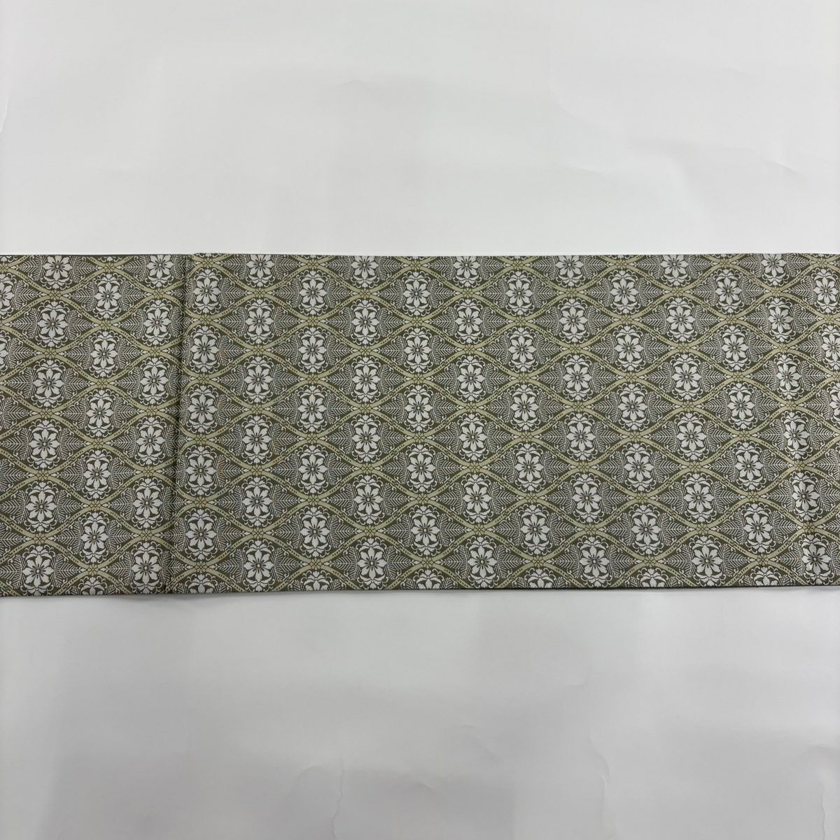 【美品】 袋帶 名品級 附落款 立涌 草花紋 灰綠 全通 純蠶絲