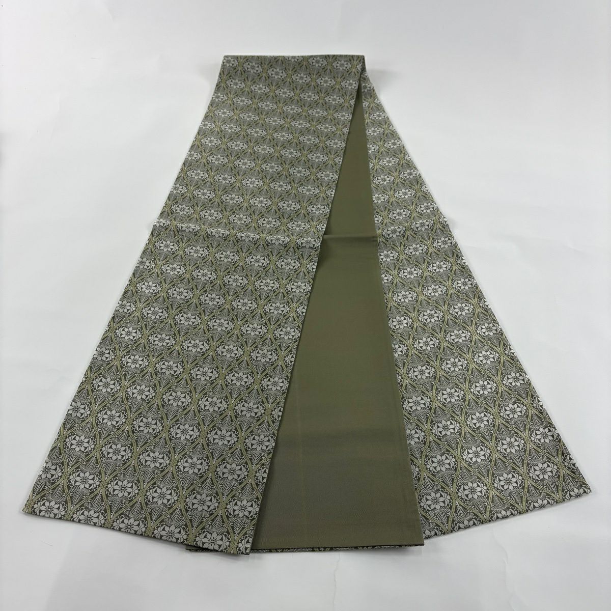 【美品】 袋帶 名品級 附落款 立涌 草花紋 灰綠 全通 純蠶絲