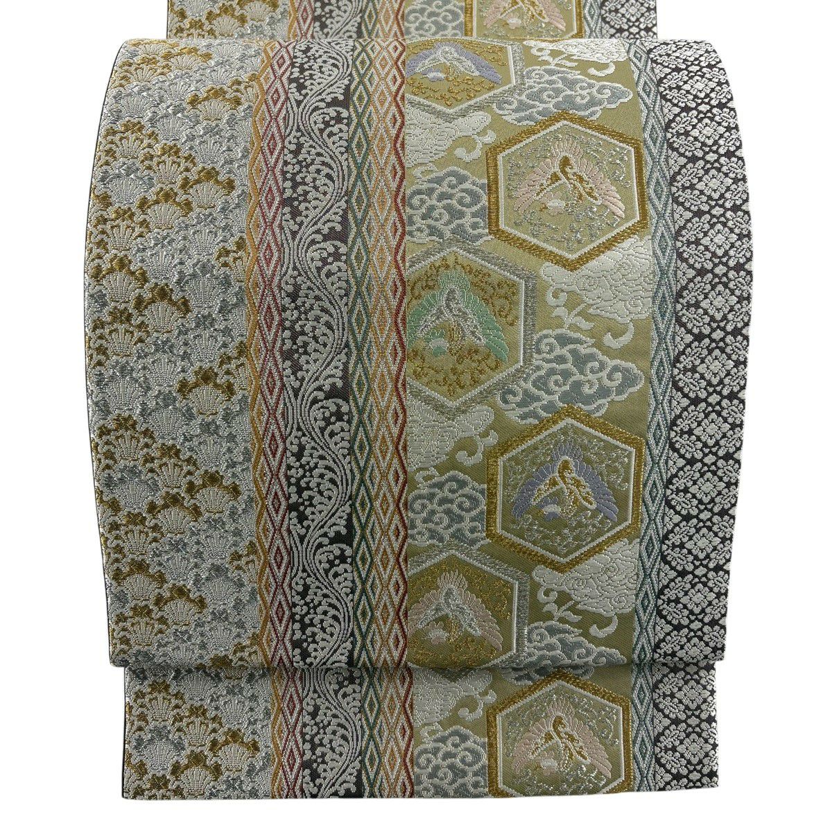 【美品】 袋帶 名品級 龜甲 鳥 金銀彩 刺繡 抹茶 六通 純蠶絲