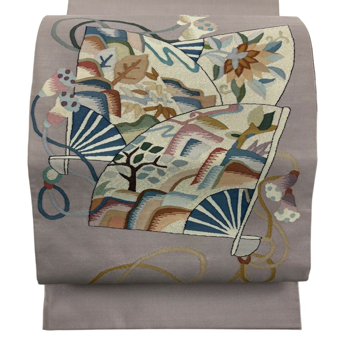 【美品】 袋帶 名品級 扇子 草花紋 金金箔 淺小豆 大鼓圖案 純蠶絲