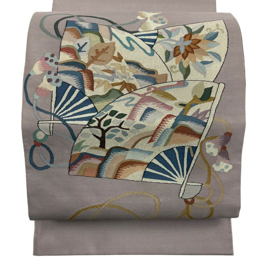 【美品】 袋帶 名品級 扇子 草花紋 金金箔 淺小豆 大鼓圖案 純蠶絲