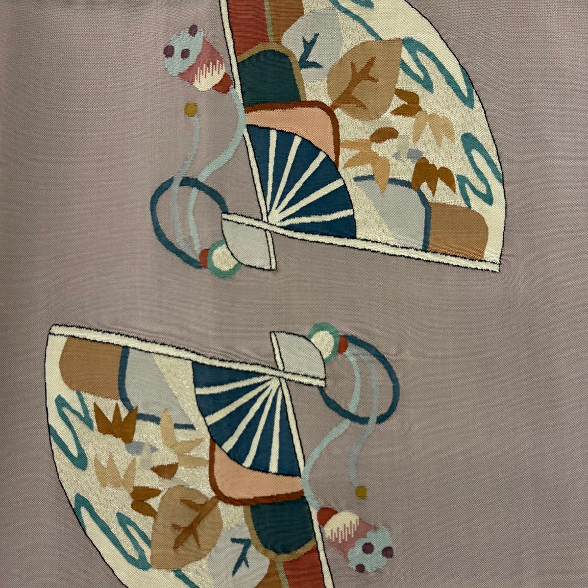 【美品】 袋帶 名品級 扇子 草花紋 金金箔 淺小豆 大鼓圖案 純蠶絲