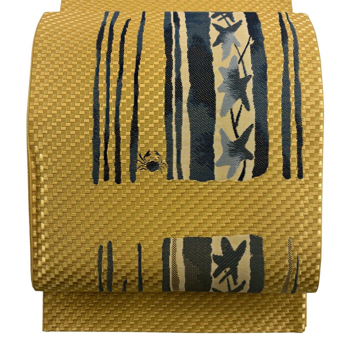 【美品】 袋帶 名品級 大和 蟹條紋 山吹茶 純蠶絲 お太鼓圖案