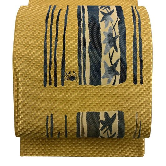 【美品】 袋帶 名品級 大和 蟹條紋 山吹茶 純蠶絲 お太鼓圖案