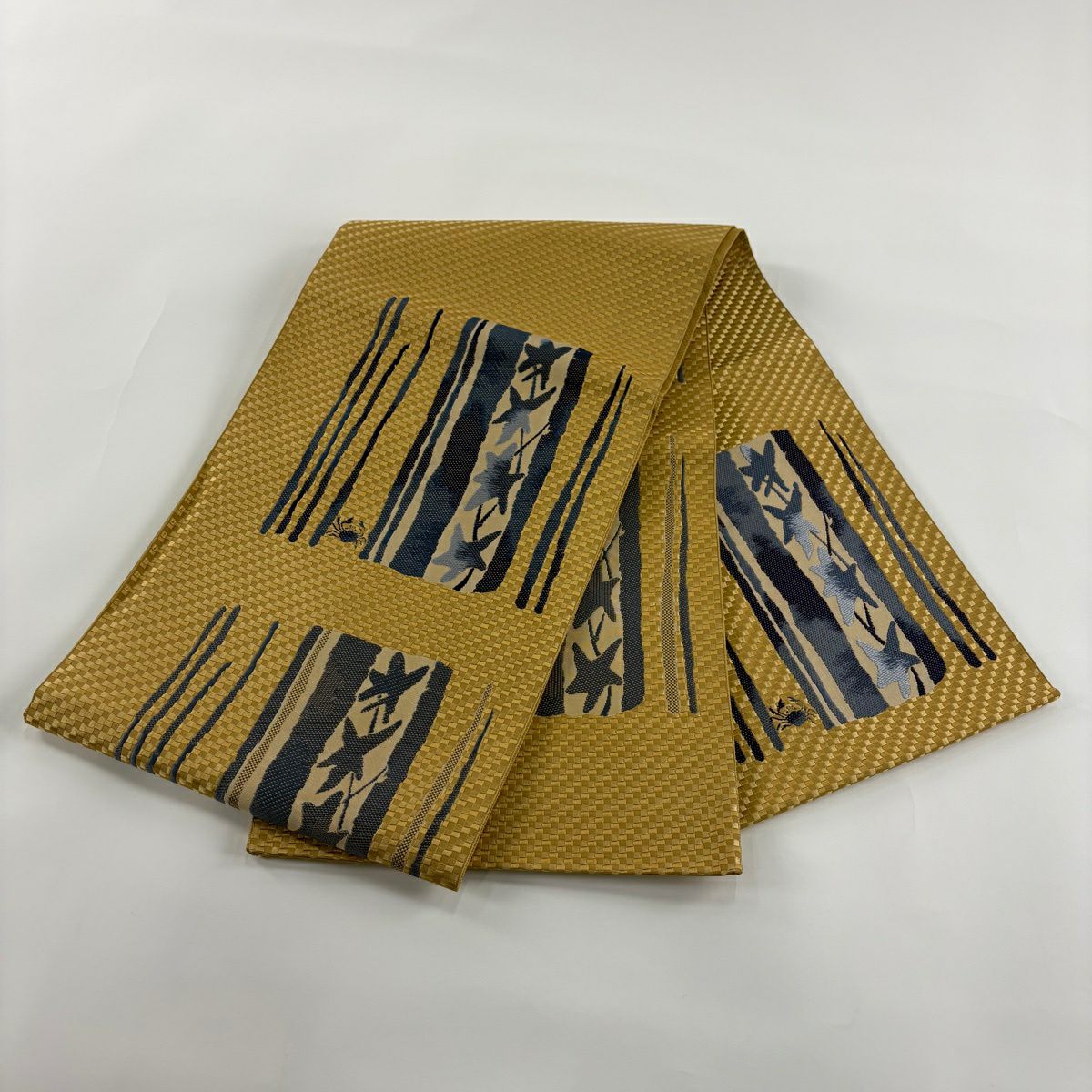 【美品】 袋帶 名品級 大和 蟹條紋 山吹茶 純蠶絲 お太鼓圖案