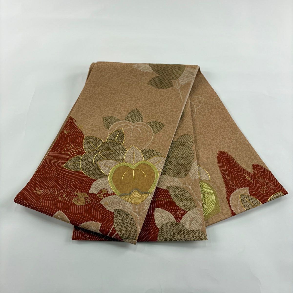 【美品】 袋帶 名品級 橘 波 金銀彩 薄茶 純蠶絲