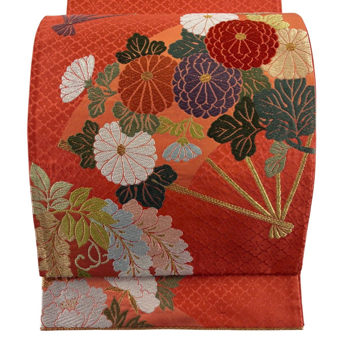 【美品】 袋帶 名品級 關西仕立 扇子 草花紋 唐織 金絲 鮭粉色 六通 純蠶絲