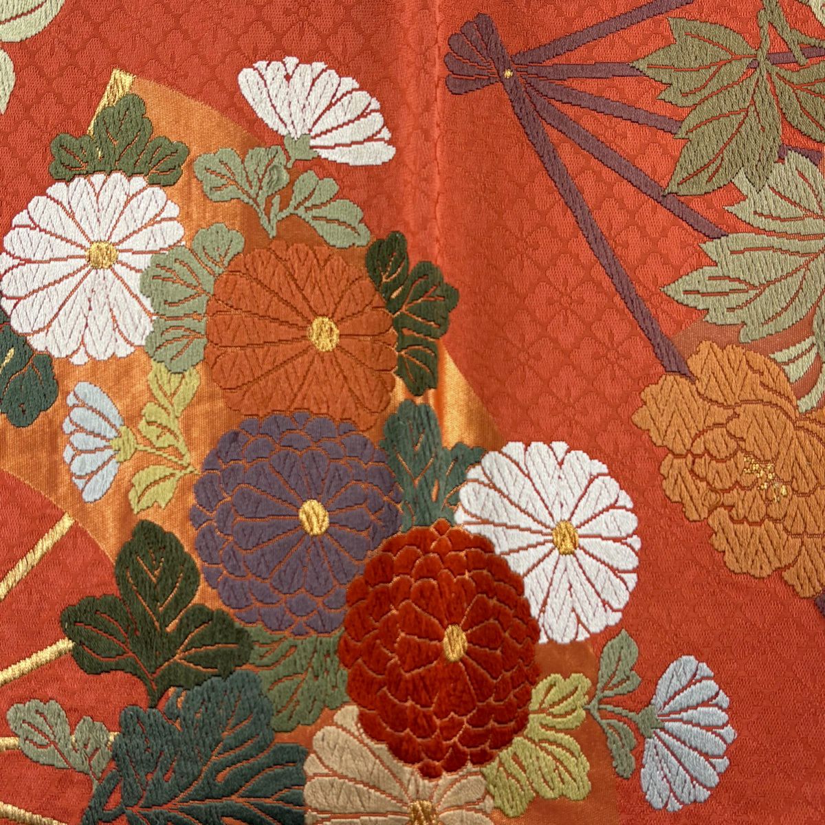 【美品】 袋帶 名品級 關西仕立 扇子 草花紋 唐織 金絲 鮭粉色 六通 純蠶絲