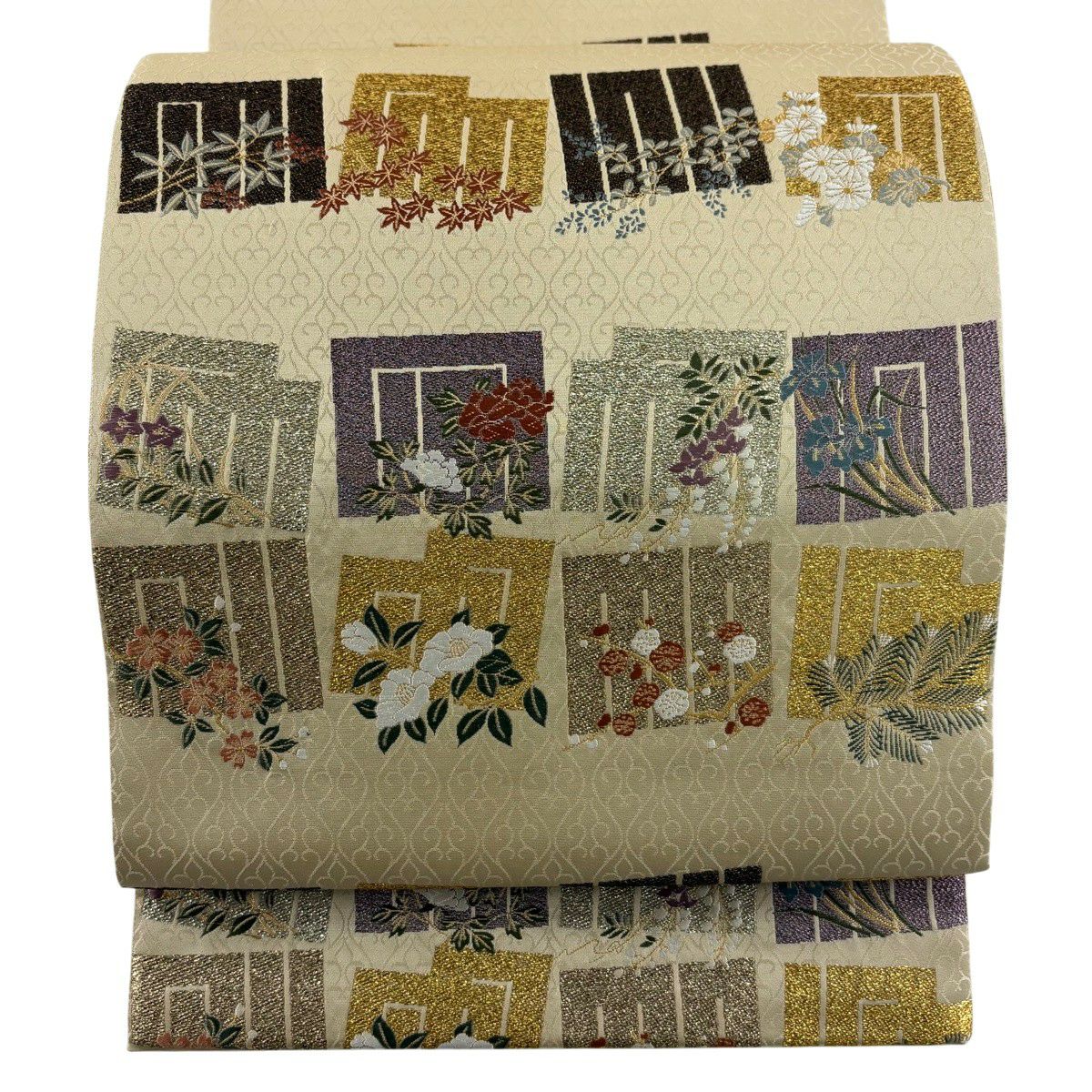 【美品】 袋帶 名品級 草木染 源氏香 松樹梅花 金金箔 刺繡 米色 六通 純蠶絲