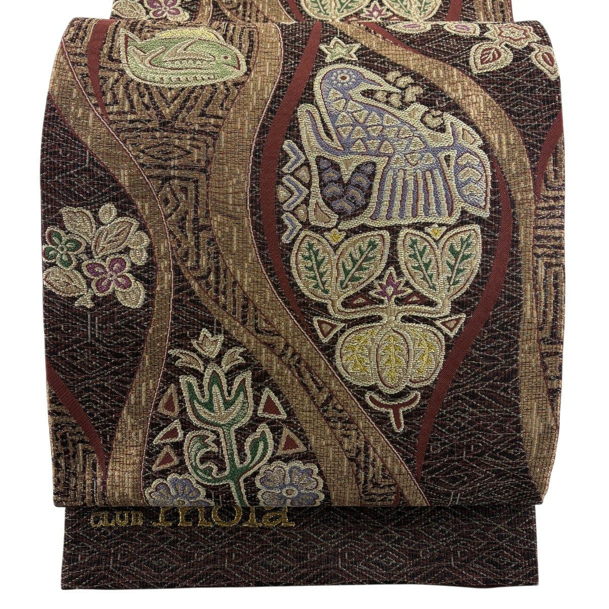 【美品】袋帶 名品級 CLUB mola 花鳥 魚 金金箔 金銀彩 紅茶 六通 純蠶絲