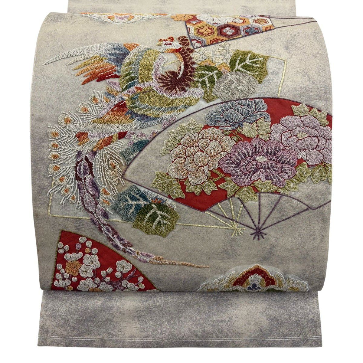 袋帶 名品級 關西仕立 華紋 扇子 相良刺繡 金銀線 奶油色 大鼓圖案 純蠶絲