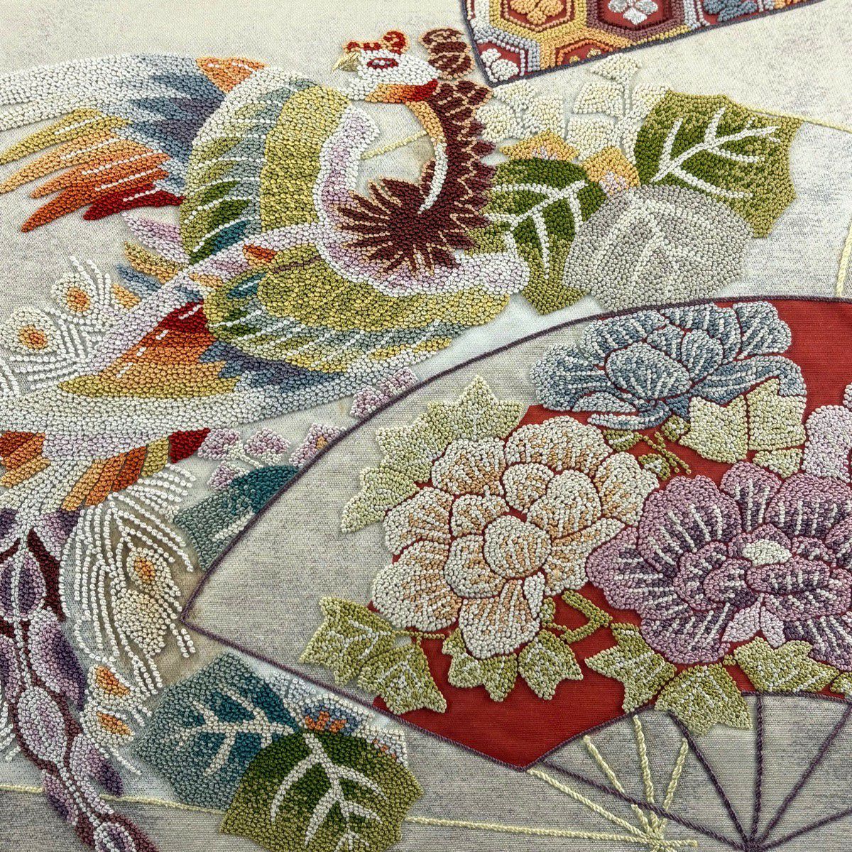 袋帶 名品級 關西仕立 華紋 扇子 相良刺繡 金銀線 奶油色 大鼓圖案 純蠶絲
