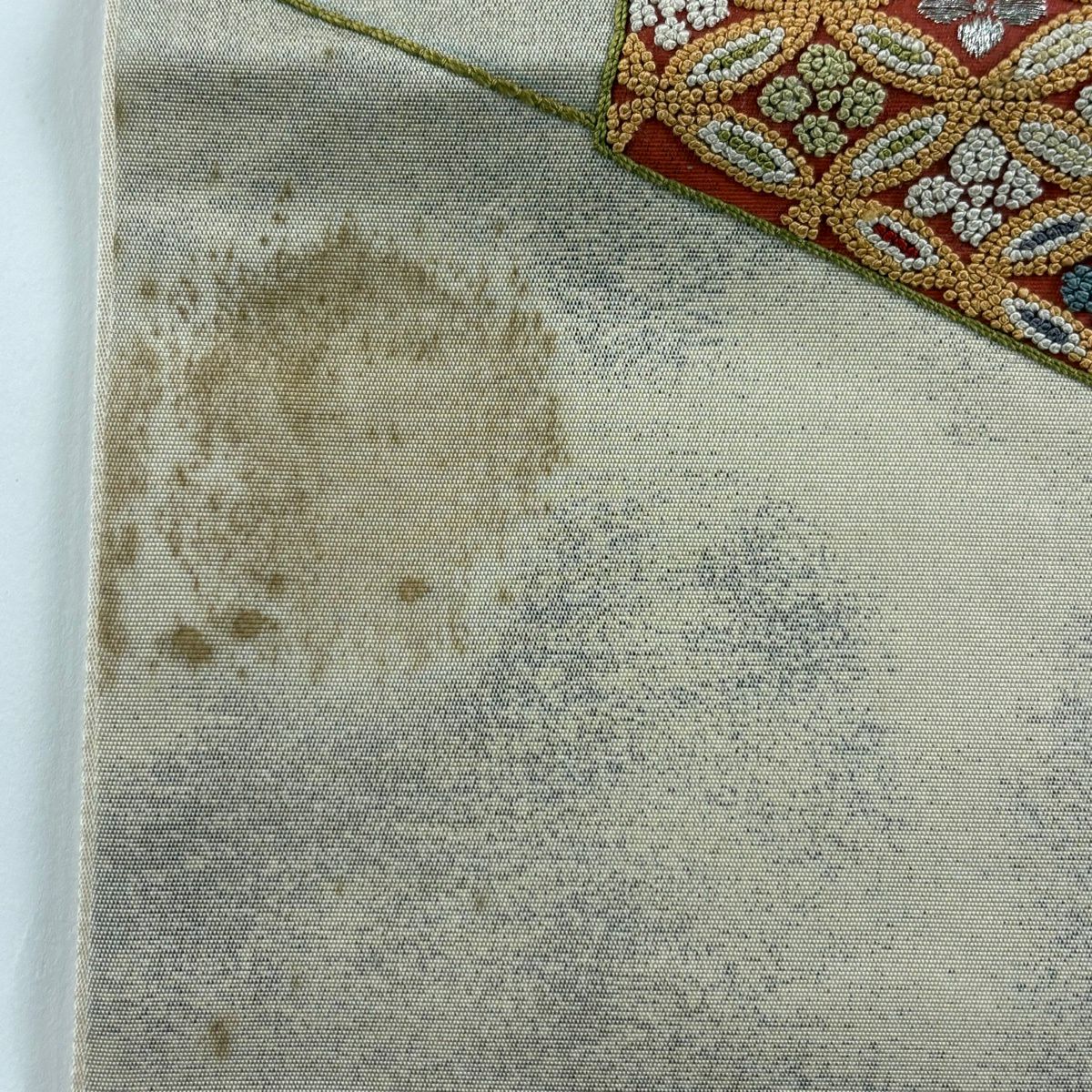 袋帶 名品級 關西仕立 華紋 扇子 相良刺繡 金銀線 奶油色 大鼓圖案 純蠶絲
