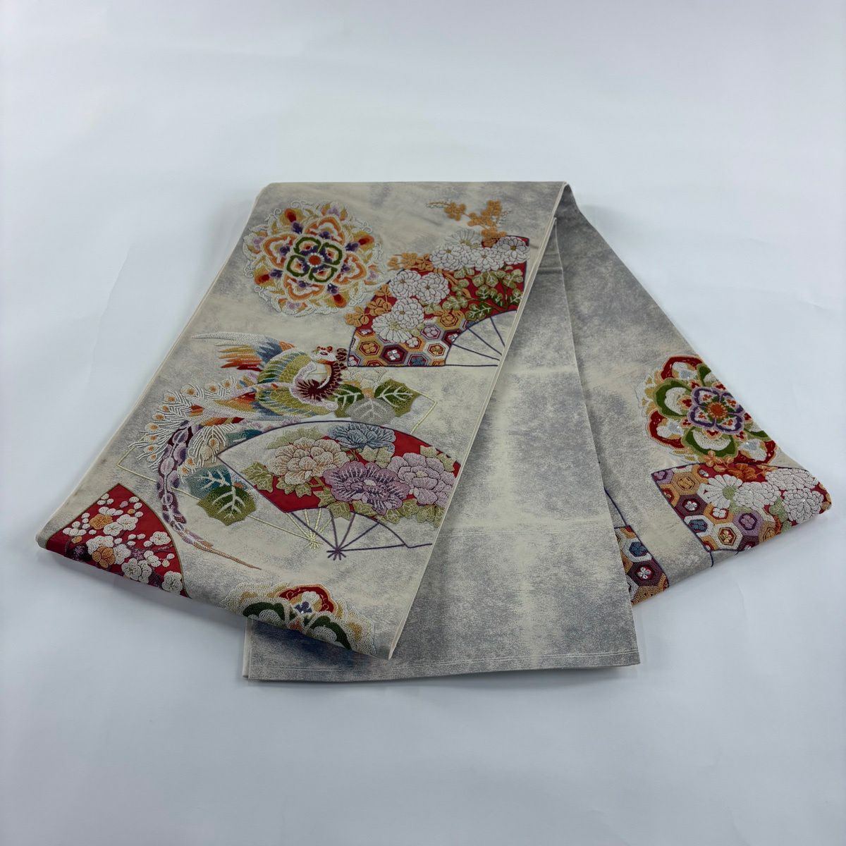 袋帶 名品級 關西仕立 華紋 扇子 相良刺繡 金銀線 奶油色 大鼓圖案 純蠶絲