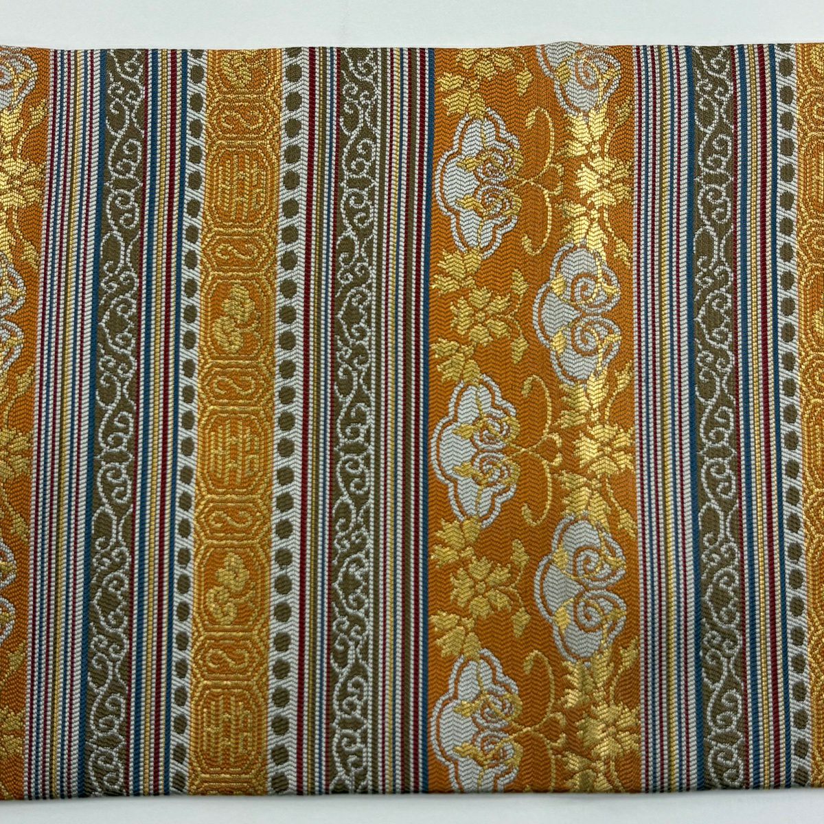 【美品】名古屋帶 名品級 花唐草紋 縞 金金箔 薄茶 純蠶絲