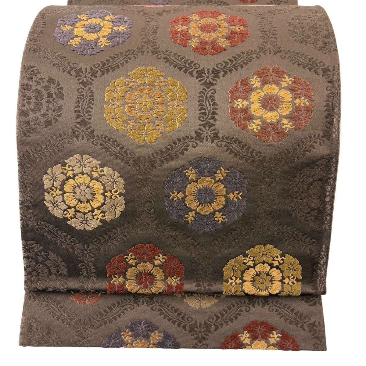【美品】 袋帶 名品級 華紋 金絲 刺繡 焦茶 深藍色 六通 純蠶絲